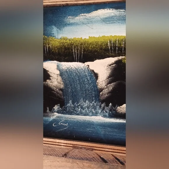 Pair (2) Velvet Landscape Paintings Waterfall Lake Trees Frame MCM Retro EUC